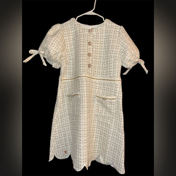 Girhoodcore Cream Tweed Pearl Gold Embellished Dress - L - Picture 2 of 11